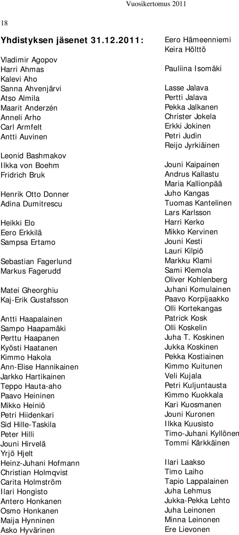 Adina Dumitrescu Heikki Elo Eero Erkkilä Sampsa Ertamo Sebastian Fagerlund Markus Fagerudd Matei Gheorghiu Kaj-Erik Gustafsson Antti Haapalainen Sampo Haapamäki Perttu Haapanen Kyösti Haatanen Kimmo