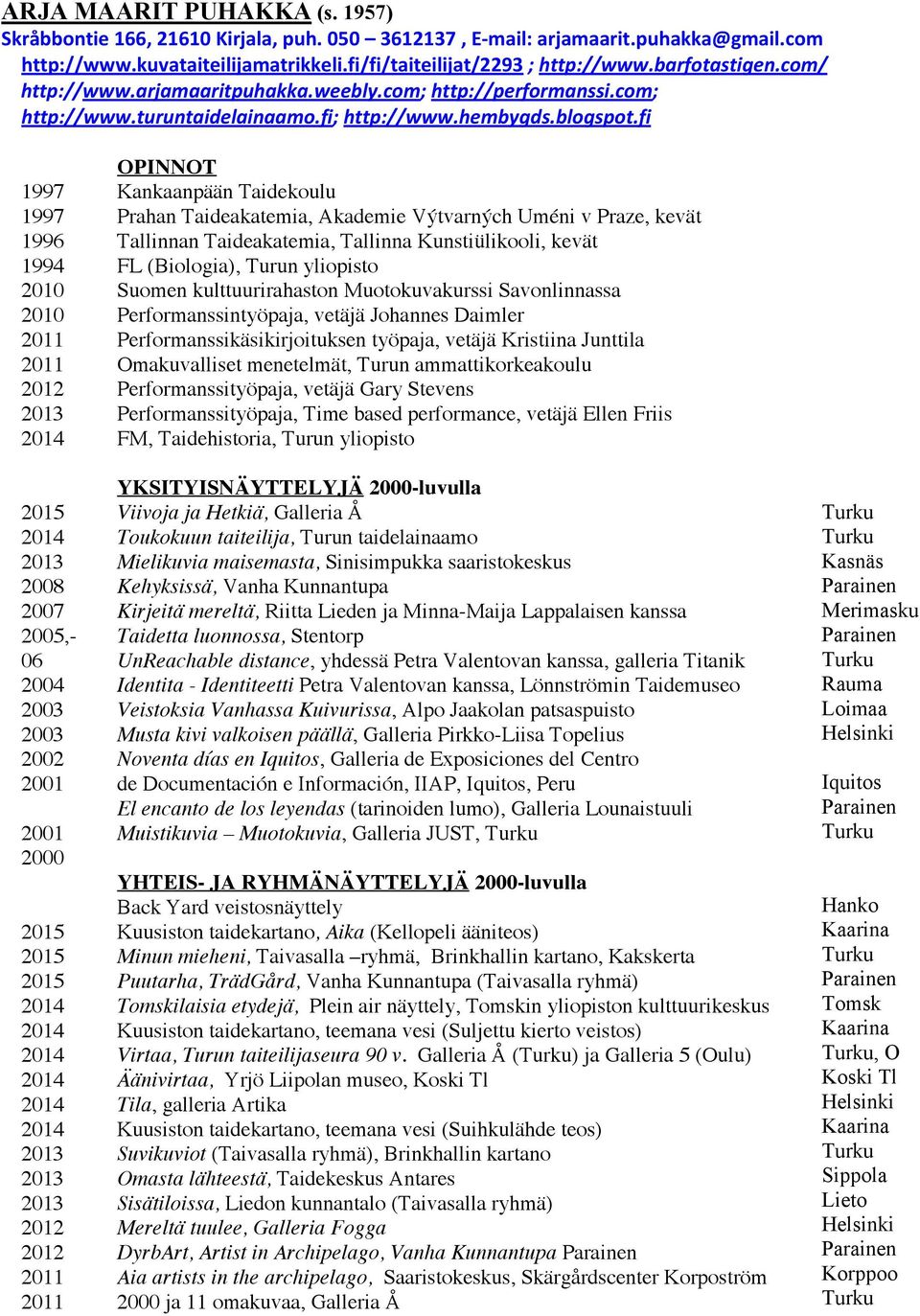 fi 1996 1994 2005,- 06 2004 OPINNOT n Taidekoulu Prahan Taideakatemia, Akademie Výtvarných Uméni v Praze, kevät Tallinnan Taideakatemia, Tallinna Kunstiülikooli, kevät FL (Biologia), Turun yliopisto