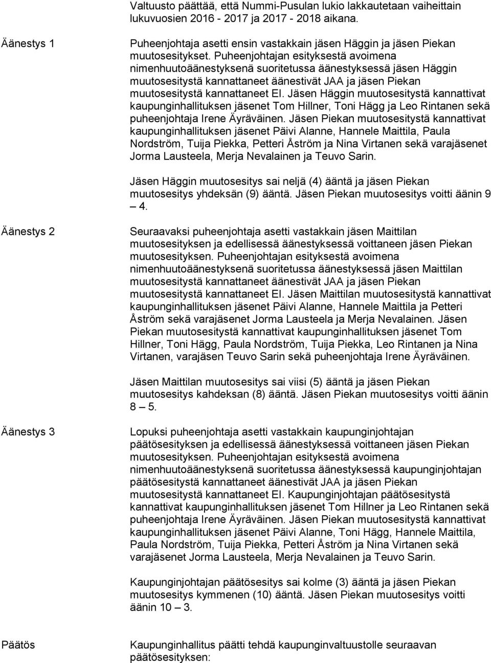 Puheenjohtajan esityksestä avoimena nimenhuutoäänestyksenä suoritetussa äänestyksessä jäsen Häggin muutosesitystä kannattaneet äänestivät JAA ja jäsen Piekan muutosesitystä kannattaneet EI.