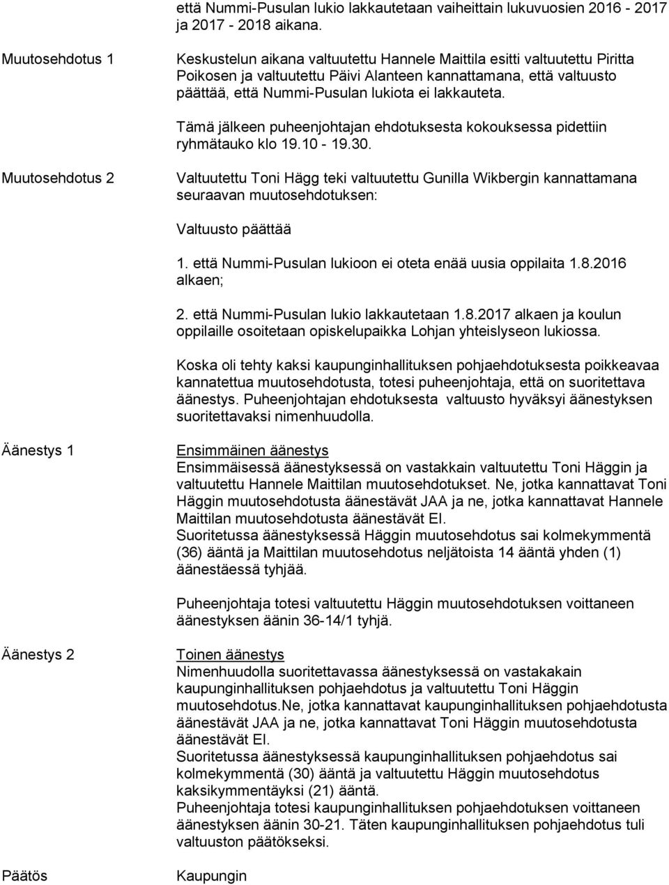 lakkauteta. Tämä jälkeen puheenjohtajan ehdotuksesta kokouksessa pidettiin ryhmätauko klo 19.10-19.30.