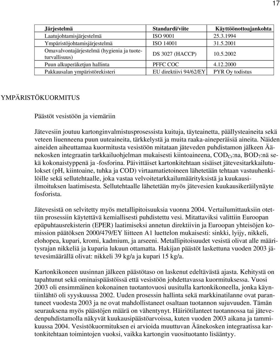 2000 Pakkausalan ympäristörekisteri EU direktiivi 94/62/EY PYR Oy todistus YMPÄRISTÖKUORMITUS Päästöt vesistöön ja viemäriin Jätevesiin joutuu kartonginvalmistusprosessista kuituja, täyteainetta,