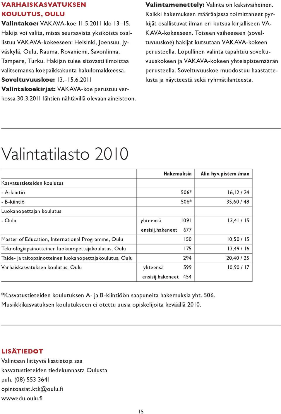 Hakijan tulee sitovasti ilmoittaa valitsemansa koepaikkakunta hakulomakkeessa. Soveltuvuuskoe: 13. 15.6.2011 Valintakoekirjat: VAKAVA-koe perustuu verkossa 30.3.2011 lähtien nähtävillä olevaan aineistoon.