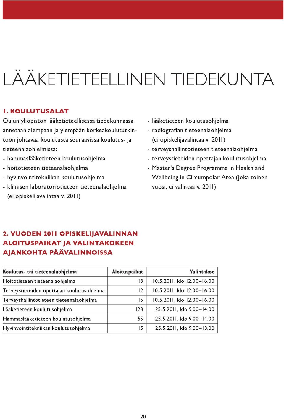 hammaslääketieteen koulutusohjelma - hoitotieteen tieteenalaohjelma - hyvinvointitekniikan koulutusohjelma - kliinisen laboratoriotieteen tieteenalaohjelma (ei opiskelijavalintaa v.