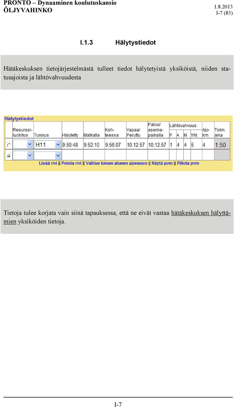 hälytetyistä yksiköistä, niiden statusajoista ja