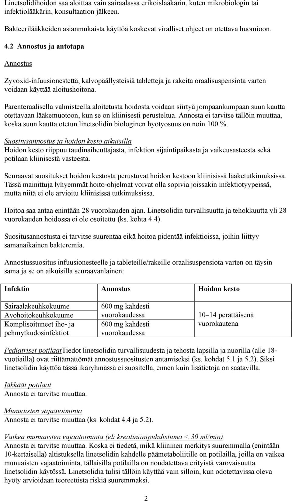 2 Annostus ja antotapa Annostus Zyvoxid-infuusionestettä, kalvopäällysteisiä tabletteja ja rakeita oraalisuspensiota varten voidaan käyttää aloitushoitona.