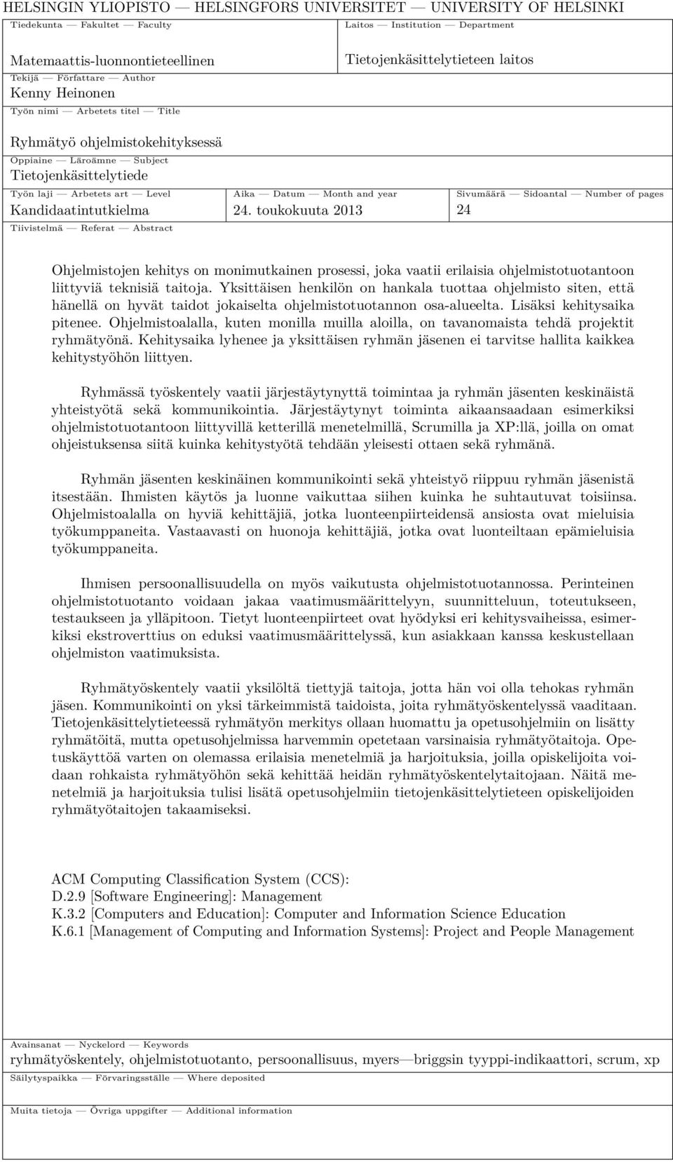 Sivumäärä Sidoantal Number of pages Kandidaatintutkielma 24.