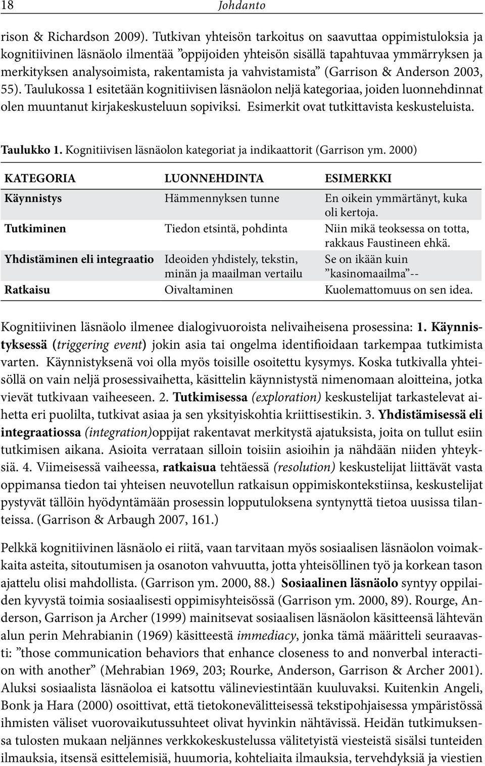 vahvistamista (Garrison & Anderson 2003, 55). Taulukossa 1 esitetään kognitiivisen läsnäolon neljä kategoriaa, joiden luonnehdinnat olen muuntanut kirjakeskusteluun sopiviksi.