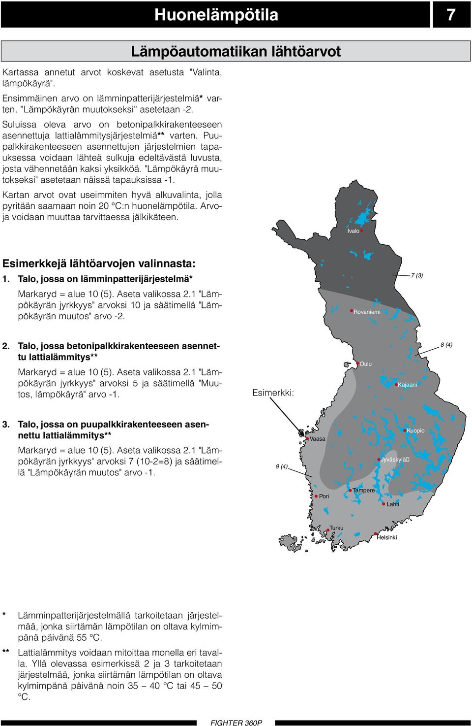 Puupalkkirakenteeseen asennettujen järjestelmien tapauksessa voidaan lähteä sulkuja edeltävästä luvusta, josta vähennetään kaksi yksikköä. "Lämpökäyrä muutokseksi" asetetaan näissä tapauksissa -.