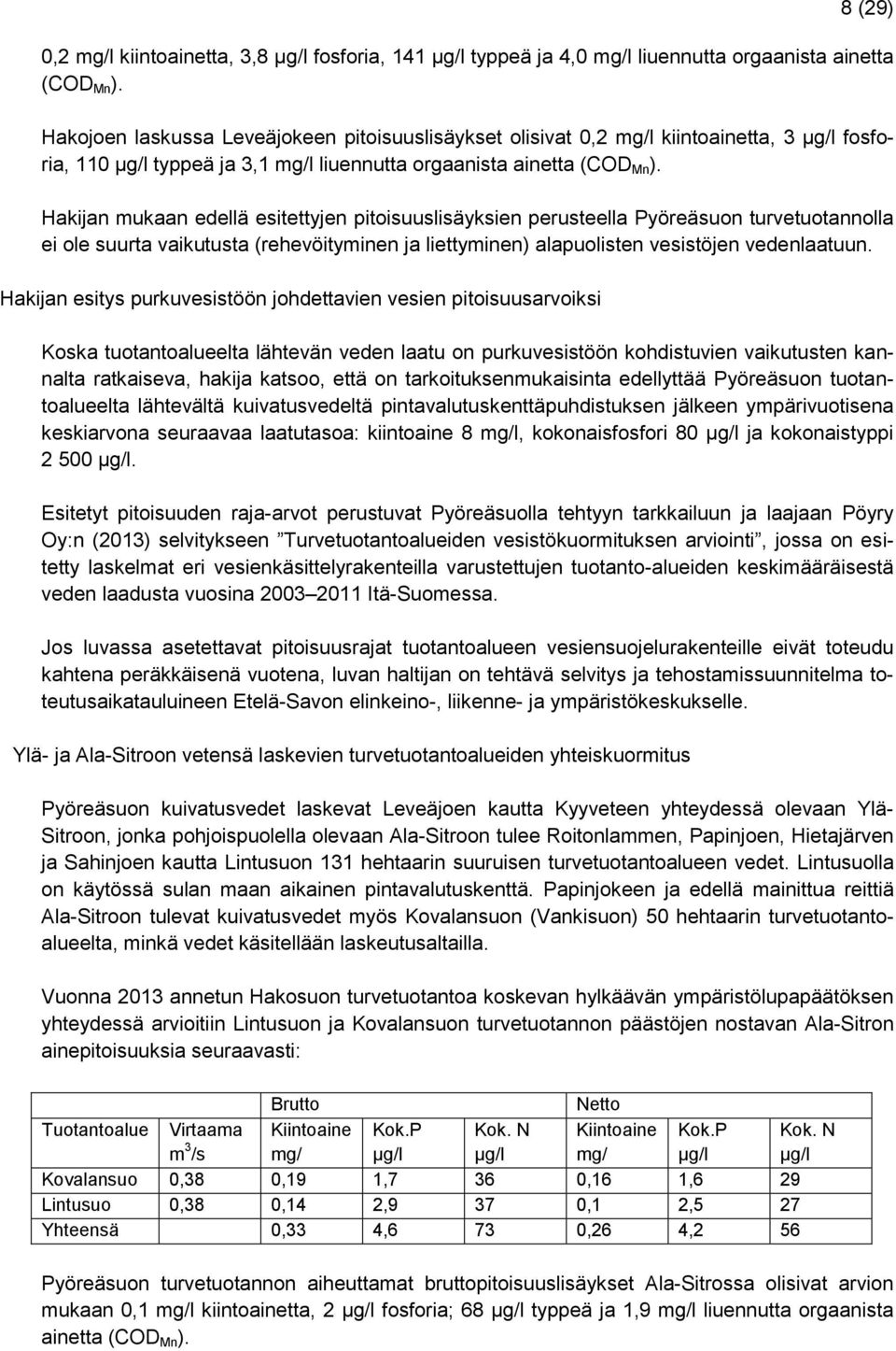 Hakijan mukaan edellä esitettyjen pitoisuuslisäyksien perusteella Pyöreäsuon turvetuotannolla ei ole suurta vaikutusta (rehevöityminen ja liettyminen) alapuolisten vesistöjen vedenlaatuun.