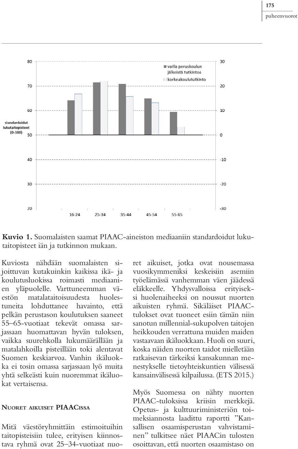 Varttuneemman väestön matalataitoisuudesta huolestuneita lohduttanee havainto, että pelkän perustason koulutuksen saaneet 55 65-vuotiaat tekevät omassa sarjassaan huomattavan hyvän tuloksen, vaikka