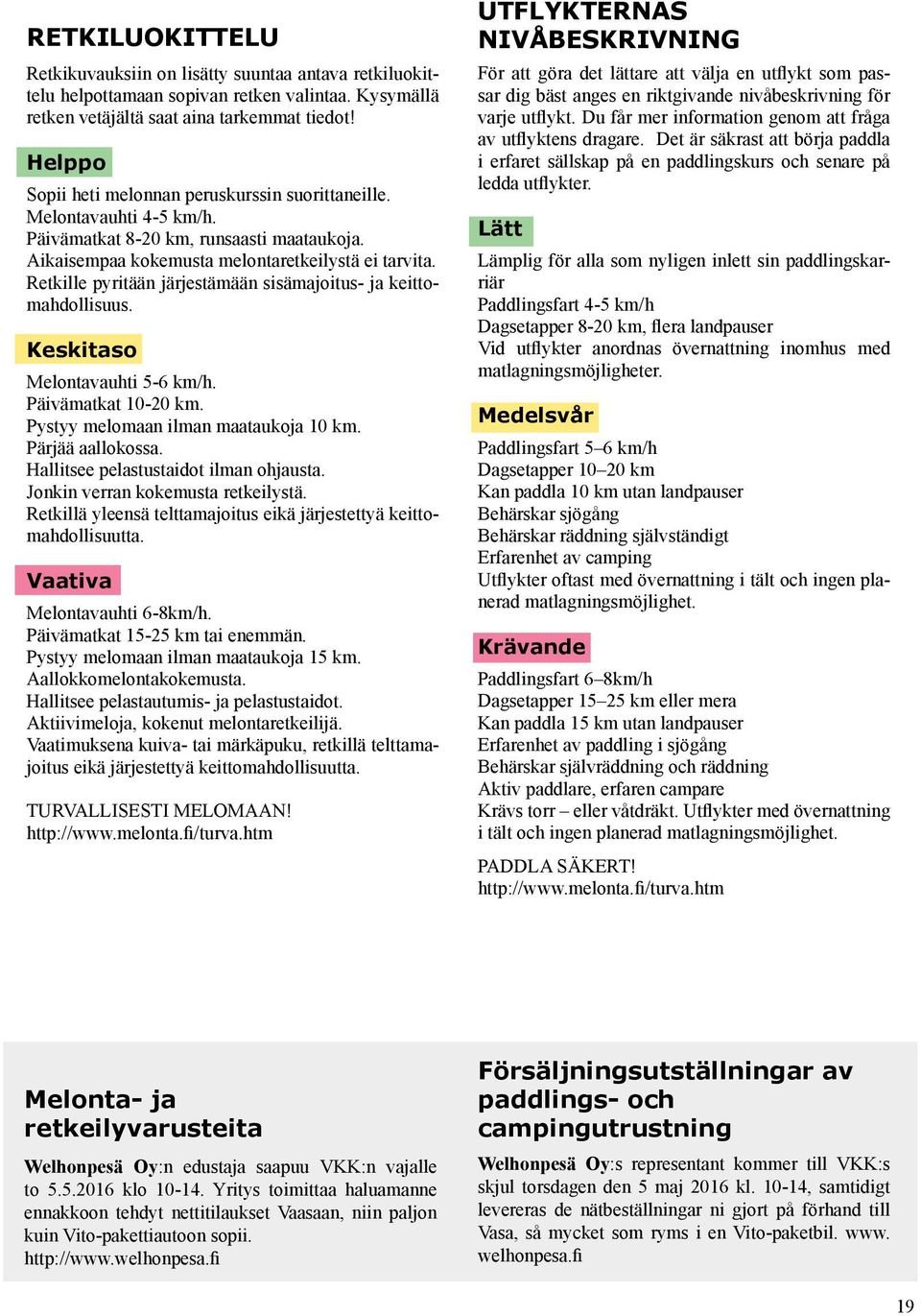 Retkille pyritään järjestämään sisämajoitus- ja keittomahdollisuus. Keskitaso Melontavauhti 5-6 km/h. Päivämatkat 10-20 km. Pystyy melomaan ilman maataukoja 10 km. Pärjää aallokossa.