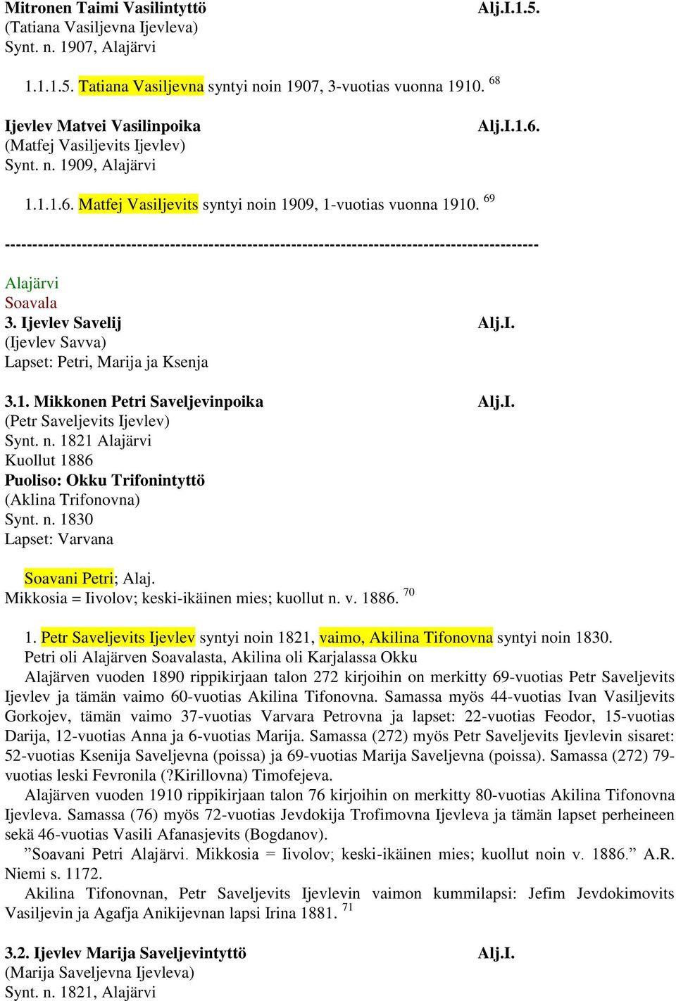 69 ------------------------------------------------------------------------------------------------- Alajärvi Soavala 3. Ijevlev Savelij Alj.I. (Ijevlev Savva) Lapset: Petri, Marija ja Ksenja 3.1.