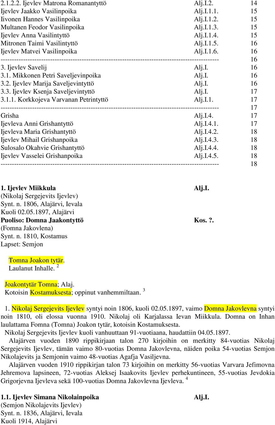 Ijevlev Savelij Alj.I. 16 3.1. Mikkonen Petri Saveljevinpoika Alj.I. 16 3.2. Ijevlev Marija Saveljevintyttö Alj.I. 16 3.3. Ijevlev Ksenja Saveljevintyttö Alj.I. 17 3.1.1. Korkkojeva Varvanan Petrintyttö Alj.