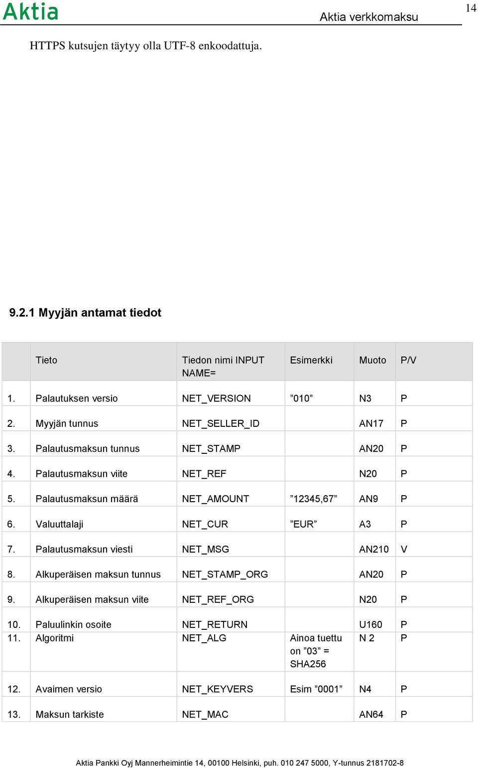 Palautusmaksun määrä NET_AMOUNT 12345,67 AN9 P 6. Valuuttalaji NET_CUR EUR A3 P 7. Palautusmaksun viesti NET_MSG AN210 V 8.