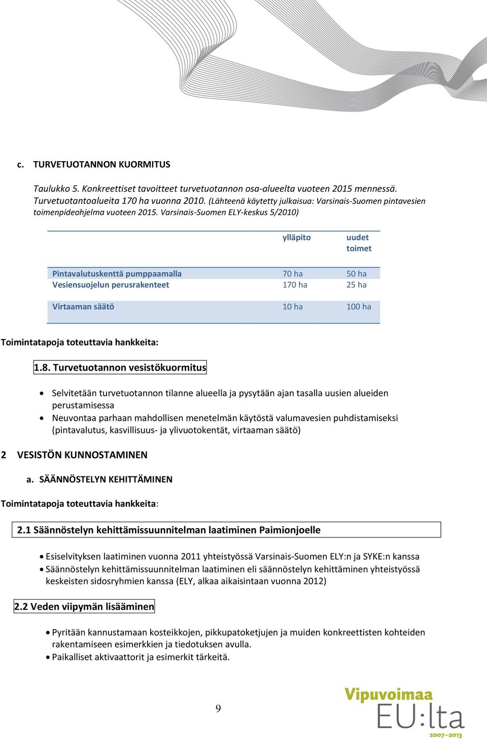 Varsinais-Suomen ELY-keskus 5/2010) ylläpito uudet toimet Pintavalutuskenttä pumppaamalla 70 ha 50 ha Vesiensuojelun perusrakenteet 170 ha 25 ha Virtaaman säätö 10 ha 100 ha Toimintatapoja