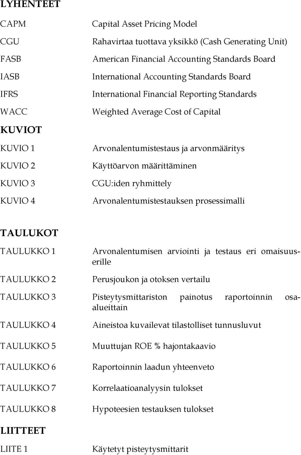 ryhmittely Arvonalentumistestauksen prosessimalli TAULUKOT TAULUKKO 1 TAULUKKO 2 TAULUKKO 3 TAULUKKO 4 TAULUKKO 5 TAULUKKO 6 TAULUKKO 7 TAULUKKO 8 Arvonalentumisen arviointi ja testaus eri