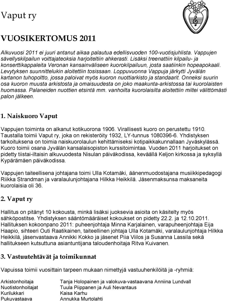 Loppuvuonna Vappuja järkytti Jyvälän kartanon tuhopoltto, jossa paloivat myös kuoron nuottiarkisto ja standaarit.