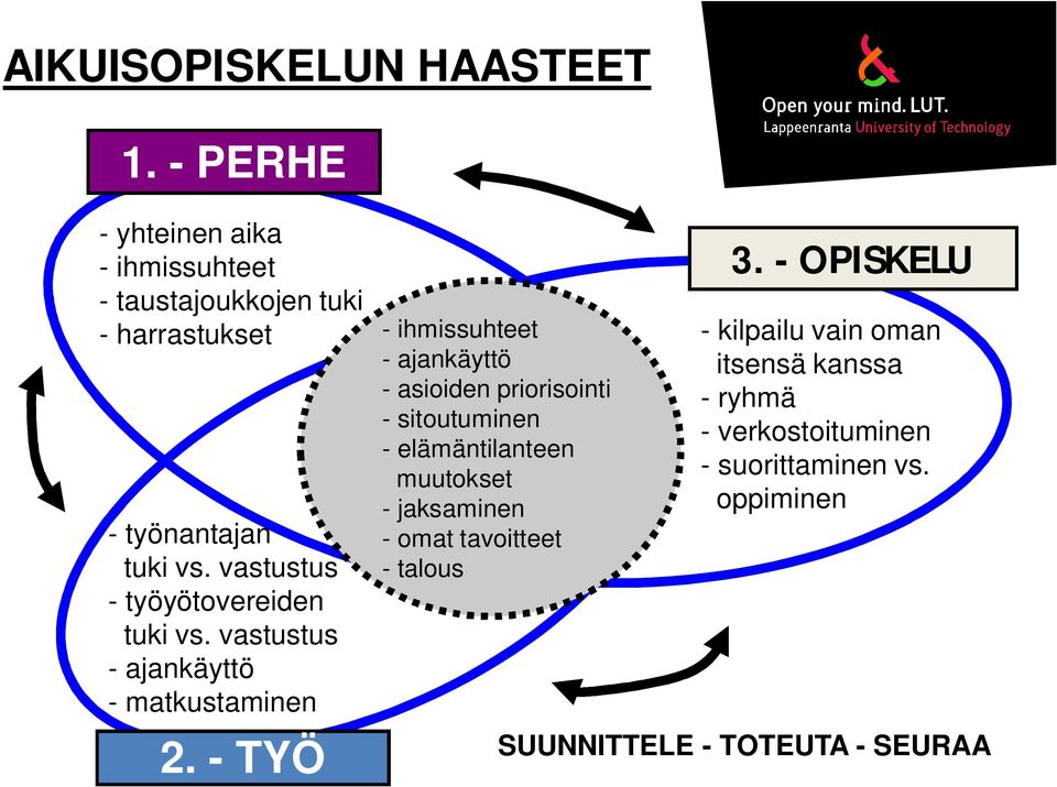 työnantajan tuki vs. vastustus - työyötovereiden tuki vs. vastustus - ajankäyttö - matkustaminen 2.