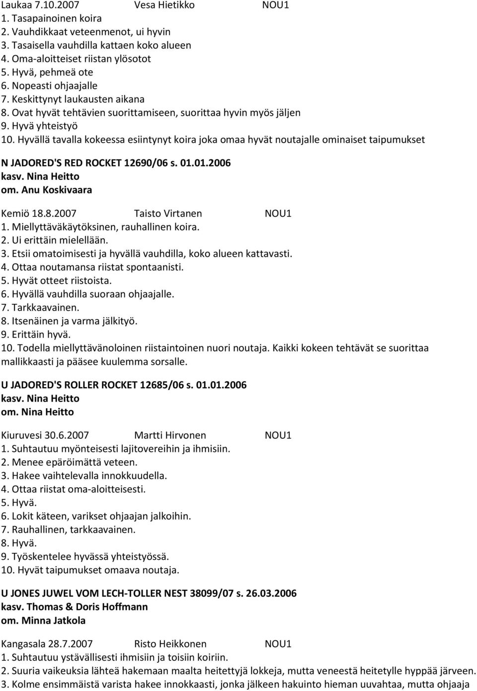 Hyvällä tavalla kokeessa esiintynyt koira joka omaa hyvät noutajalle ominaiset taipumukset N JADORED'S RED ROCKET 12690/06 s. 01.01.2006 kasv. Nina Heitto om.