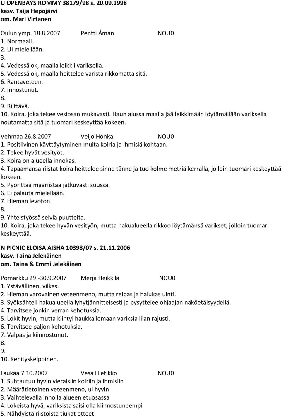 Haun alussa maalla jää leikkimään löytämällään variksella noutamatta sitä ja tuomari keskeyttää kokeen. Vehmaa 26.2007 Veijo Honka NOU0 1. Positiivinen käyttäytyminen muita koiria ja ihmisiä kohtaan.