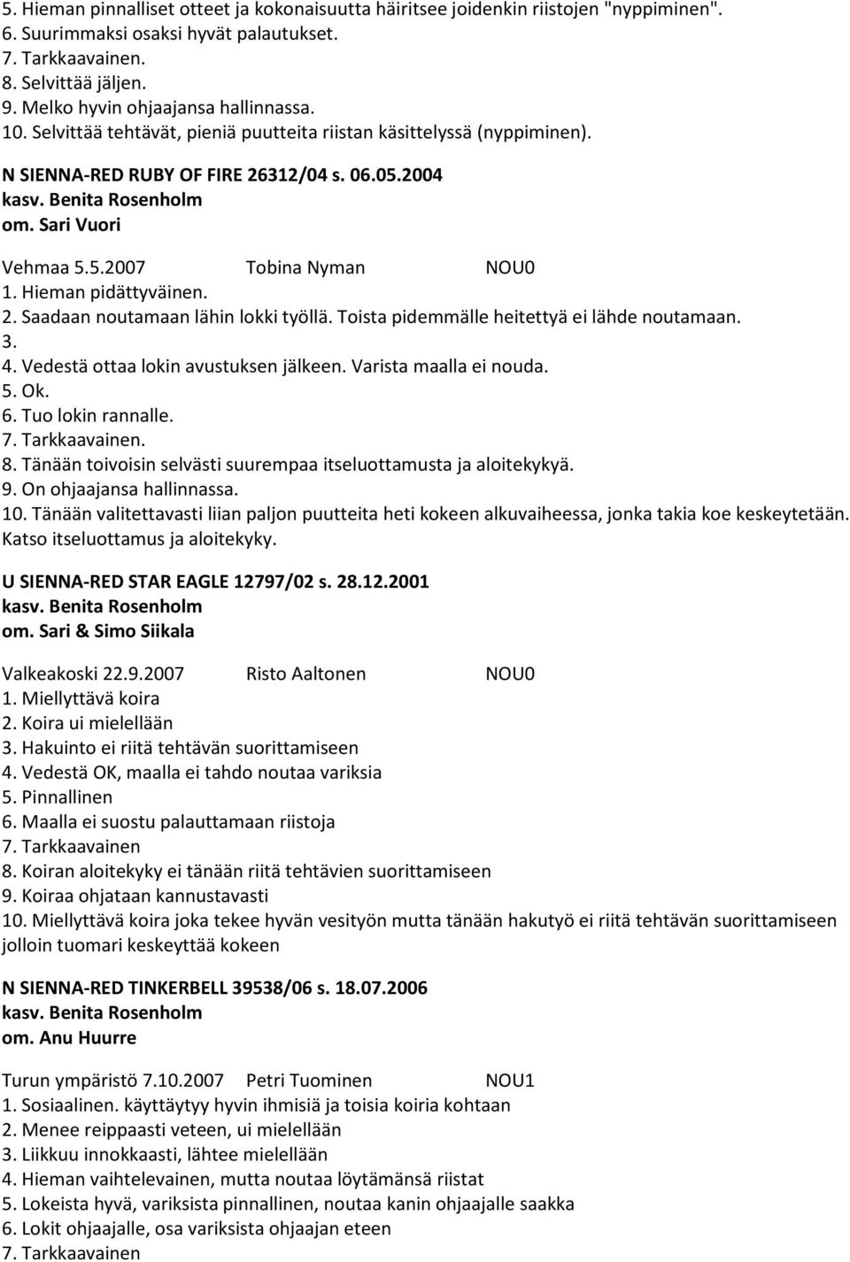 Hieman pidättyväinen. 2. Saadaan noutamaan lähin lokki työllä. Toista pidemmälle heitettyä ei lähde noutamaan. 3. 4. Vedestä ottaa lokin avustuksen jälkeen. Varista maalla ei nouda. Ok. 6.