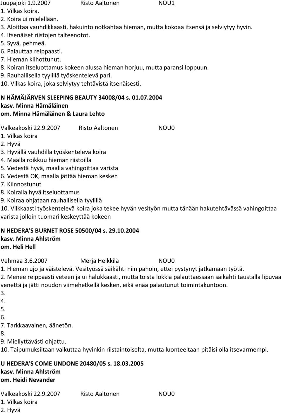 Rauhallisella tyylillä työskentelevä pari. 10. Vilkas koira, joka selviytyy tehtävistä itsenäisesti. N HÄMÄJÄRVEN SLEEPING BEAUTY 34008/04 s. 01.07.2004 kasv. Minna Hämäläinen om.