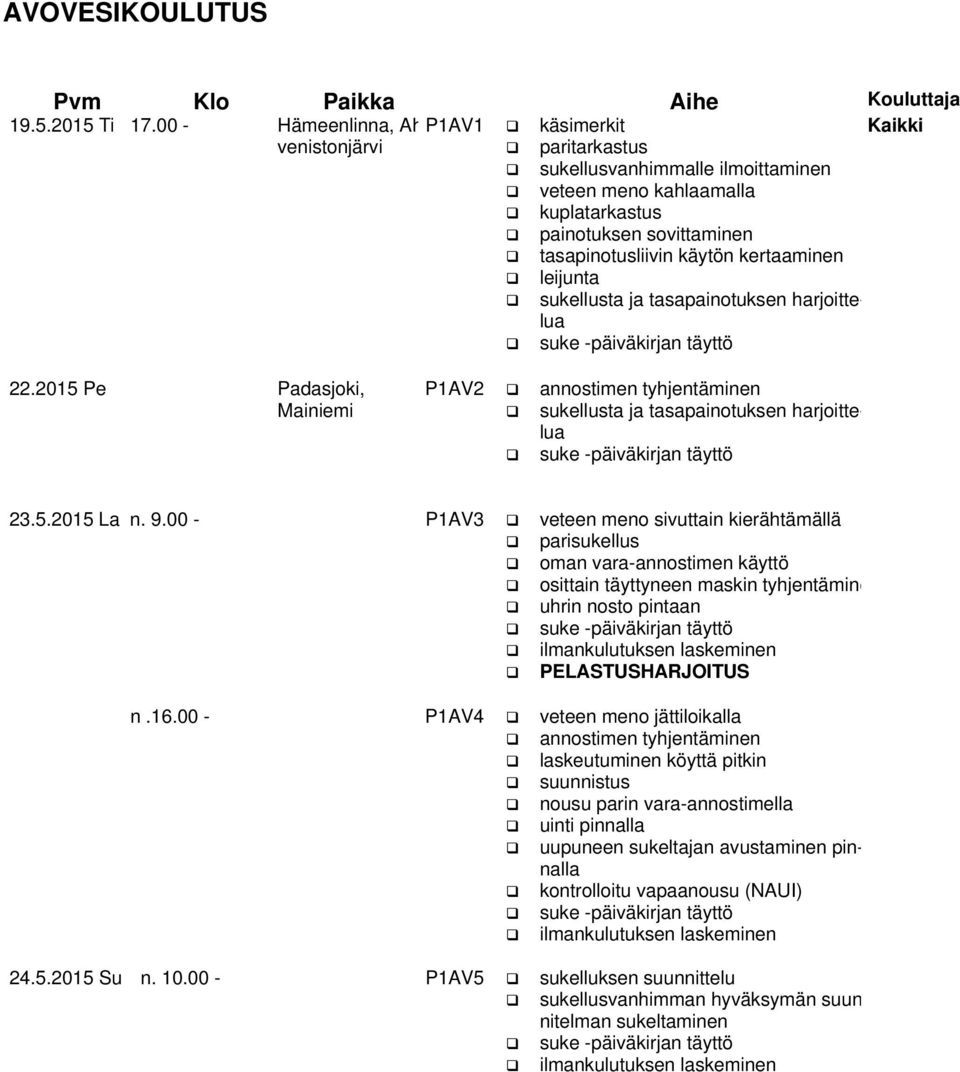 kertaaminen leijunta sukellusta ja tasapainotuksen harjoittelua 22.2015 Pe Padasjoki, Mainiemi P1AV2 annostimen tyhjentäminen sukellusta ja tasapainotuksen harjoittelua 23.5.2015 La n. 9.