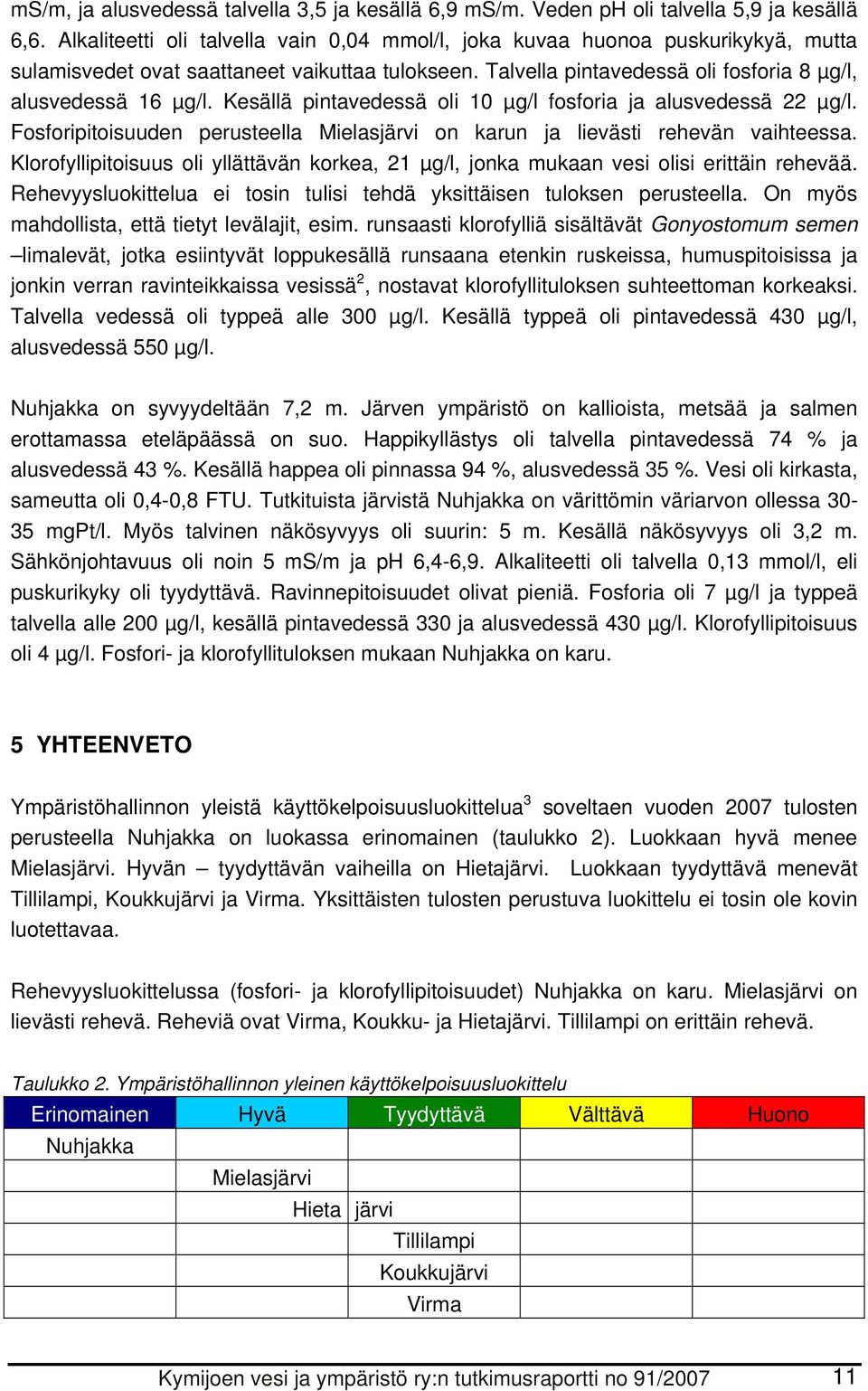 Kesällä pintavedessä oli 1 µg/l fosforia ja alusvedessä 22 µg/l. Fosforipitoisuuden perusteella Mielasjärvi on karun ja lievästi rehevän vaihteessa.