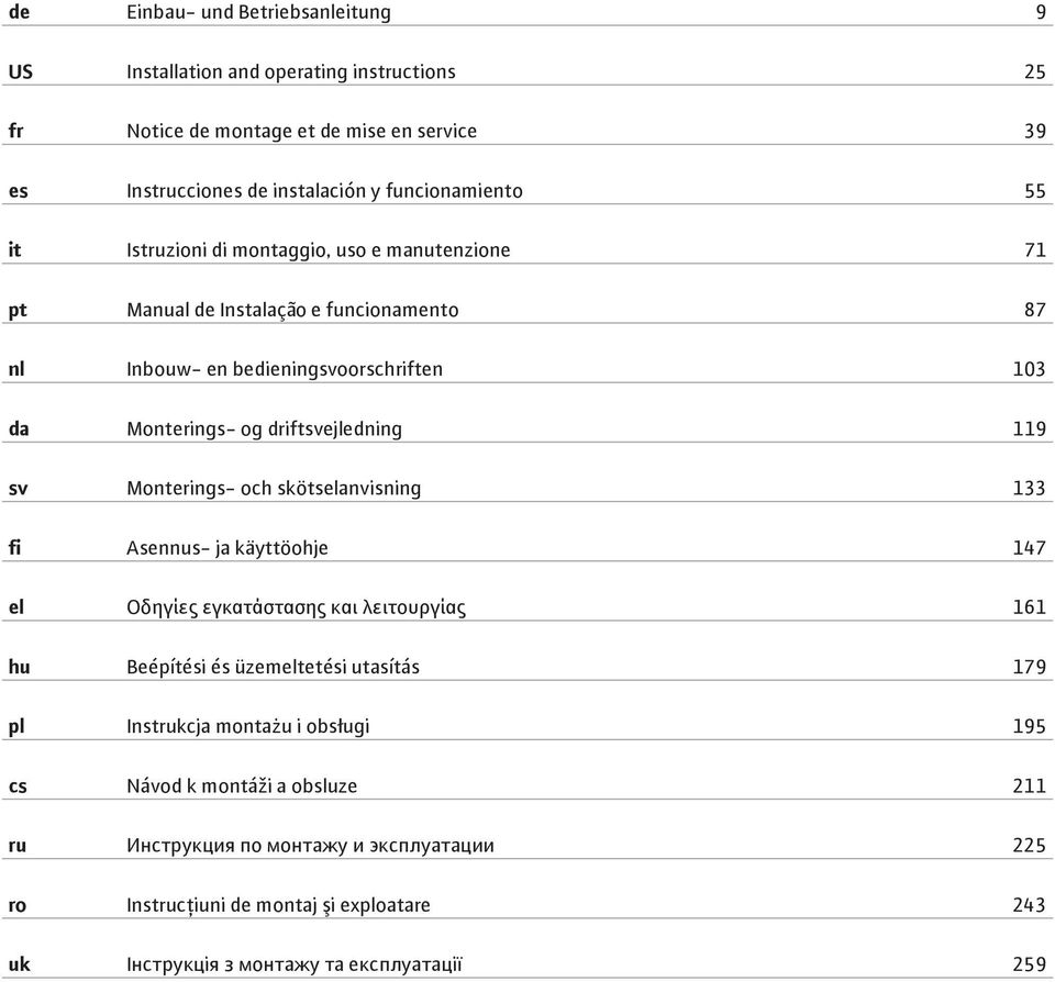sv Monterings- och skötselanvisning 133 fi Asennus- ja käyttöohje 147 el Οδηγίες εγκατάστασης και λειτουργίας 161 hu Beépítési és üzemeltetési utasítás 179 pl Instrukcja montażu