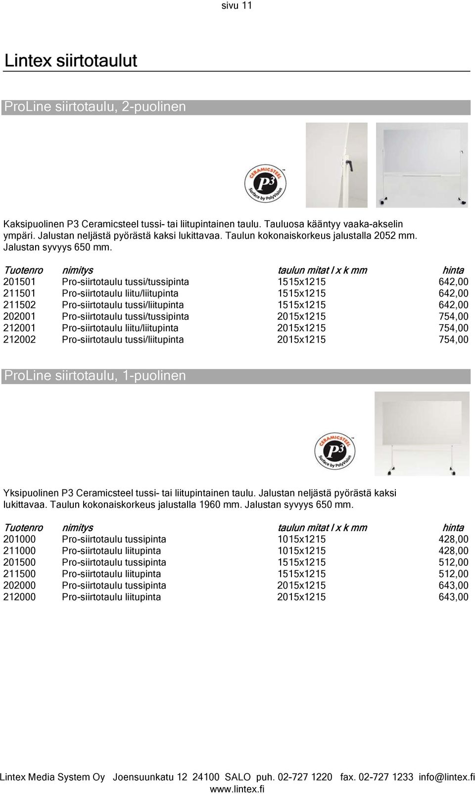 Tuotenro nimitys taulun mitat l x k mm hinta 201501 Pro-siirtotaulu tussi/tussipinta 1515x1215 642,00 211501 Pro-siirtotaulu liitu/liitupinta 1515x1215 642,00 211502 Pro-siirtotaulu tussi/liitupinta