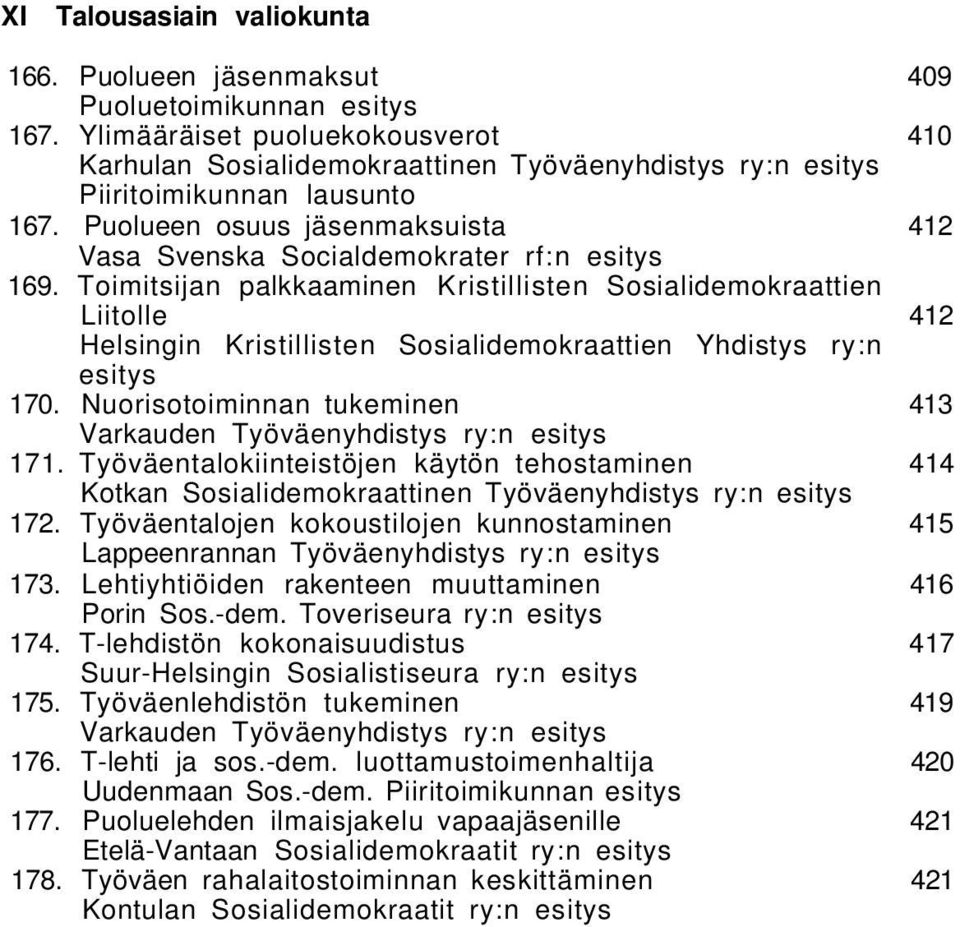 Puolueen osuus jäsenmaksuista 412 Vasa Svenska Socialdemokrater rf:n esitys 169.