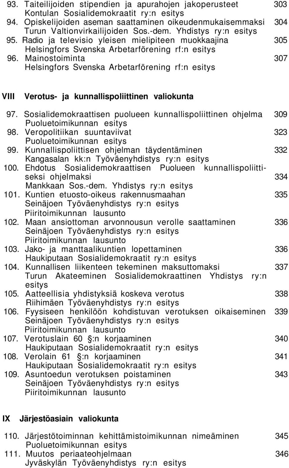 Mainostoiminta 307 Helsingfors Svenska Arbetarförening rf:n esitys VIII Verotus- ja kunnallispoliittinen valiokunta 97.