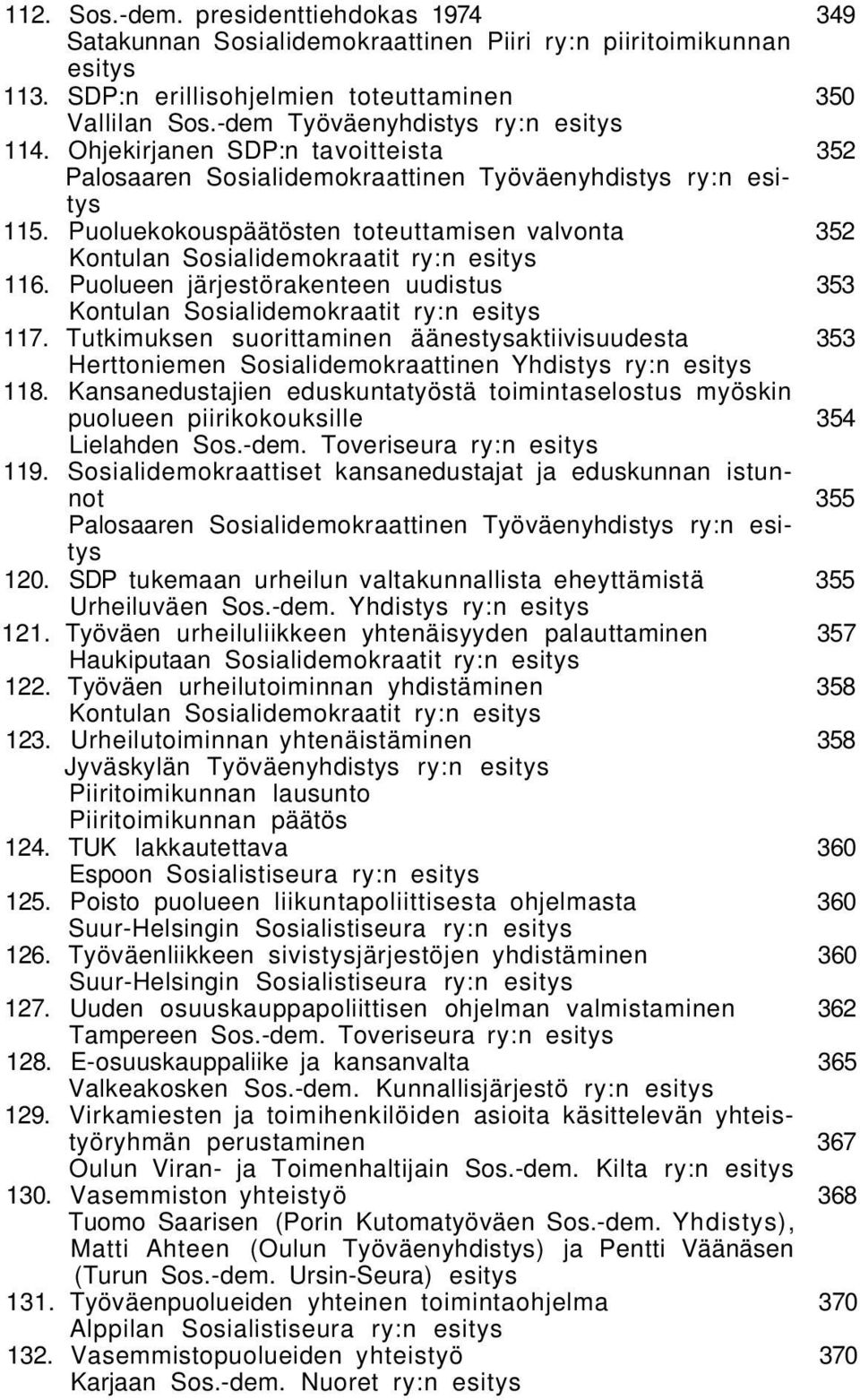 Puoluekokouspäätösten toteuttamisen valvonta 352 Kontulan Sosialidemokraatit ry:n esitys 116. Puolueen järjestörakenteen uudistus 353 Kontulan Sosialidemokraatit ry:n esitys 117.