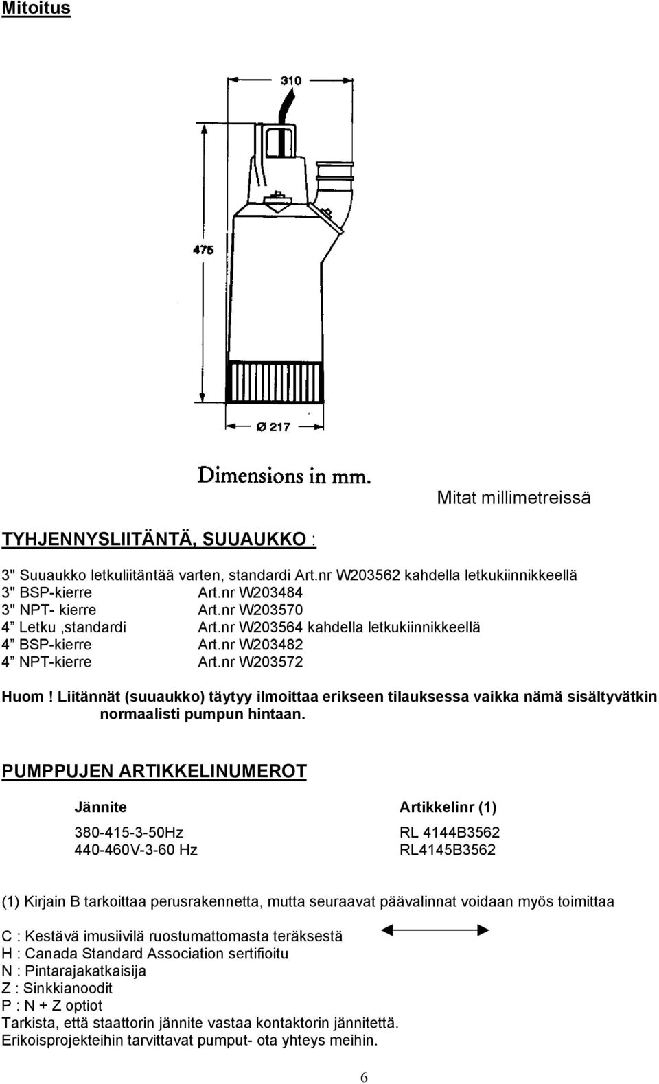 Liitännät (suuaukko) täytyy ilmoittaa erikseen tilauksessa vaikka nämä sisältyvätkin normaalisti pumpun hintaan.