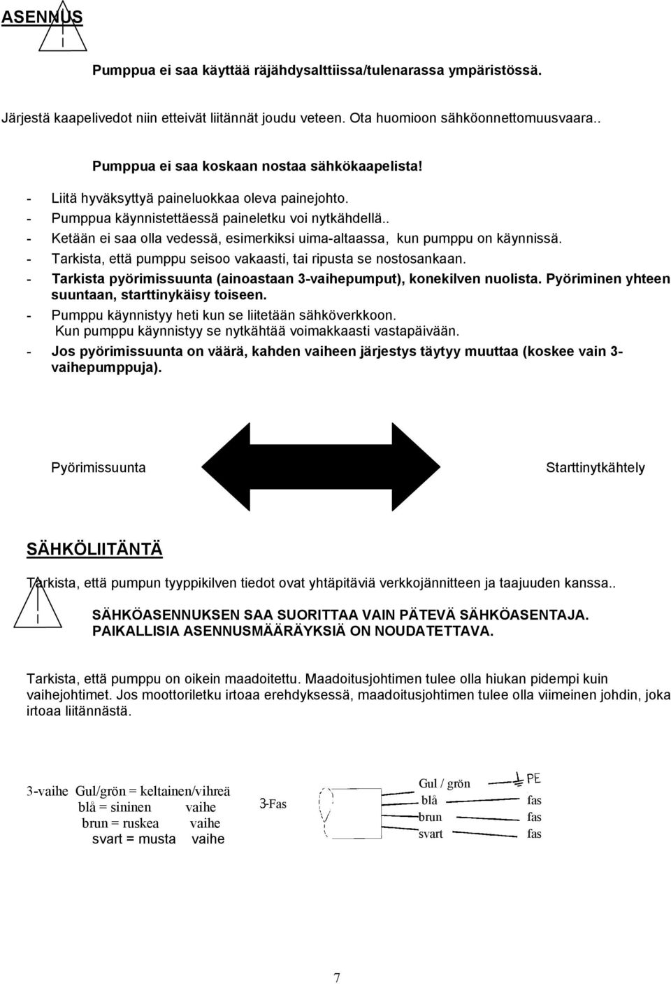 . - Ketään ei saa olla vedessä, esimerkiksi uima-altaassa, kun pumppu on käynnissä. - Tarkista, että pumppu seisoo vakaasti, tai ripusta se nostosankaan.