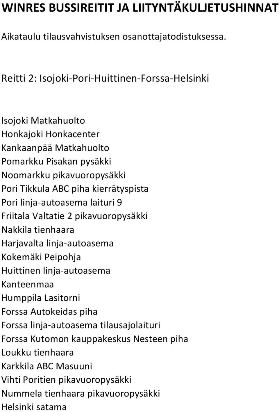 Tikkula ABC piha kierrätyspista Pori linja-autoasema laituri 9 Friitala Valtatie 2 pikavuoropysäkki Nakkila tienhaara Harjavalta linja-autoasema Kokemäki Peipohja Huittinen