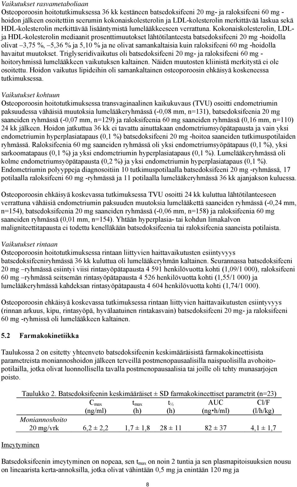 Kokonaiskolesterolin, LDLja HDL-kolesterolin mediaanit prosenttimuutokset lähtötilanteesta batsedoksifeeni 20 mg -hoidolla olivat 3,75 %, 5,36 % ja 5,10 % ja ne olivat samankaltaisia kuin