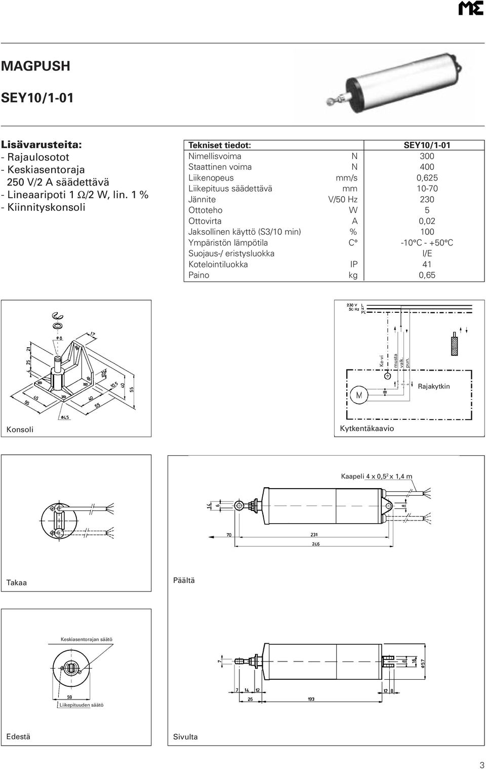 Jännite V/50 Hz 230 Ottoteho W 5 Ottovirta A 0,02 Jaksollinen käyttö (S3/10 min) % 100 Ympäristön lämpötila C -10 C - +50 C Suojaus-/ eristysluokka I/E