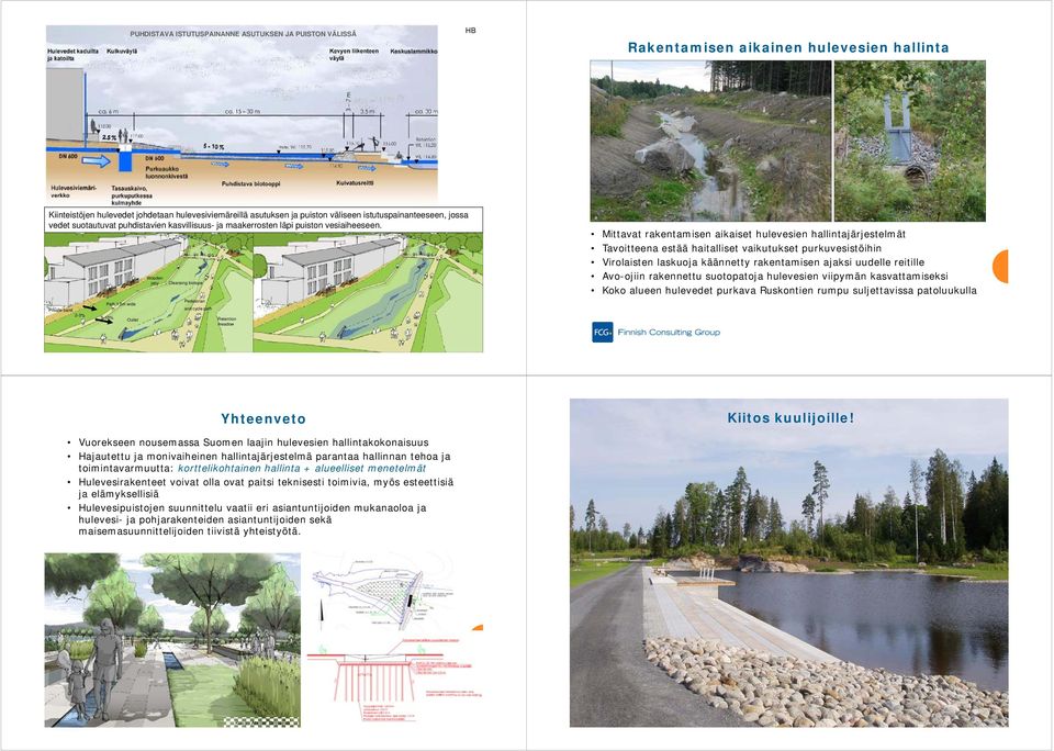 Private band 2-3% Path 1,5m wide 5-10% Outlet Wooden jetty Cleansing biotope Pedestrian and cycle path Retention meadow Mittavat rakentamisen aikaiset hulevesien hallintajärjestelmät Tavoitteena