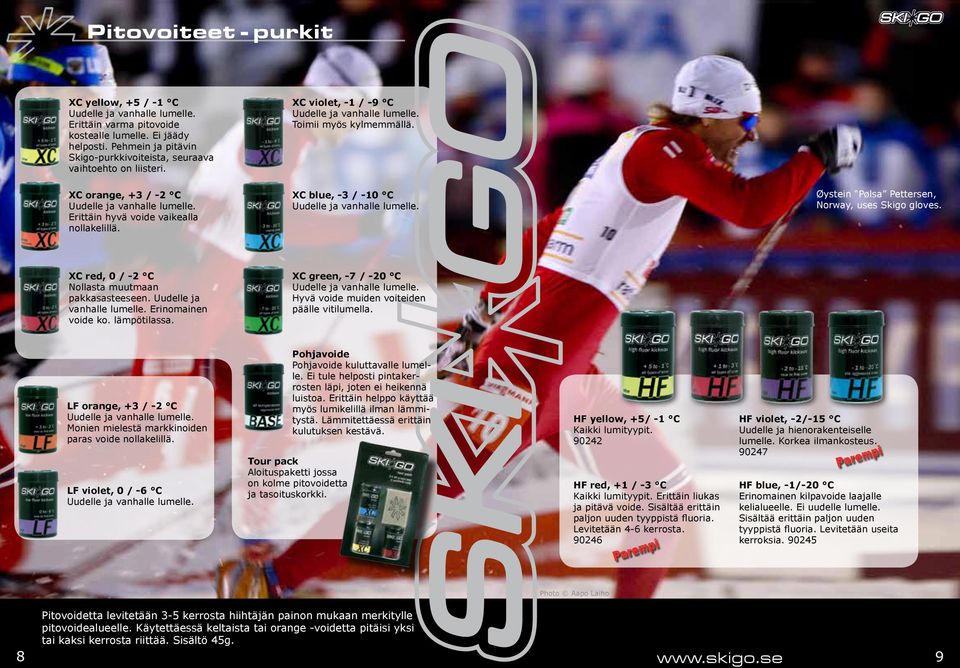 Erittäin hyvä voide vaikealla nollakelillä. XC blue, -3 / -10 C Uudelle ja vanhalle lumelle. Øystein Pølsa Pettersen, Norway, uses Skigo gloves. XC red, 0 / -2 C Nollasta muutmaan pakkasasteeseen.