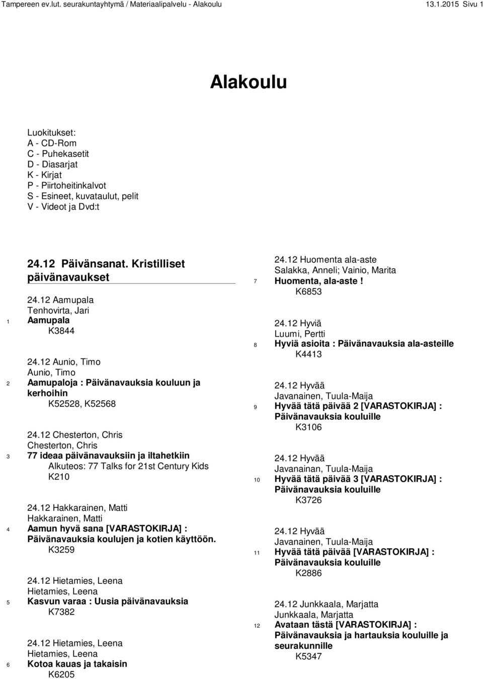 Kristilliset päivänavaukset 24.12 Aamupala Tenhovirta, Jari 1 Aamupala K3844 24.12 Aunio, Timo Aunio, Timo 2 Aamupaloja : Päivänavauksia kouluun ja kerhoihin K52528, K52568 24.