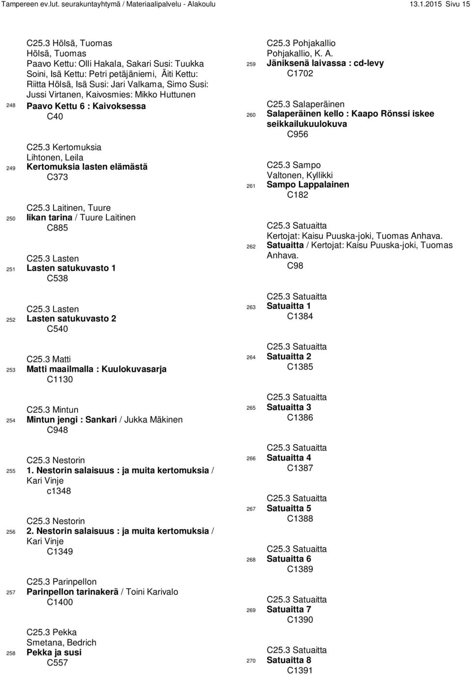 Kaivosmies: Mikko Huttunen 248 Paavo Kettu 6 : Kaivoksessa C40 C25.3 Kertomuksia Lihtonen, Leila 249 Kertomuksia lasten elämästä C373 C25.3 Laitinen, Tuure 250 Iikan tarina / Tuure Laitinen C885 C25.