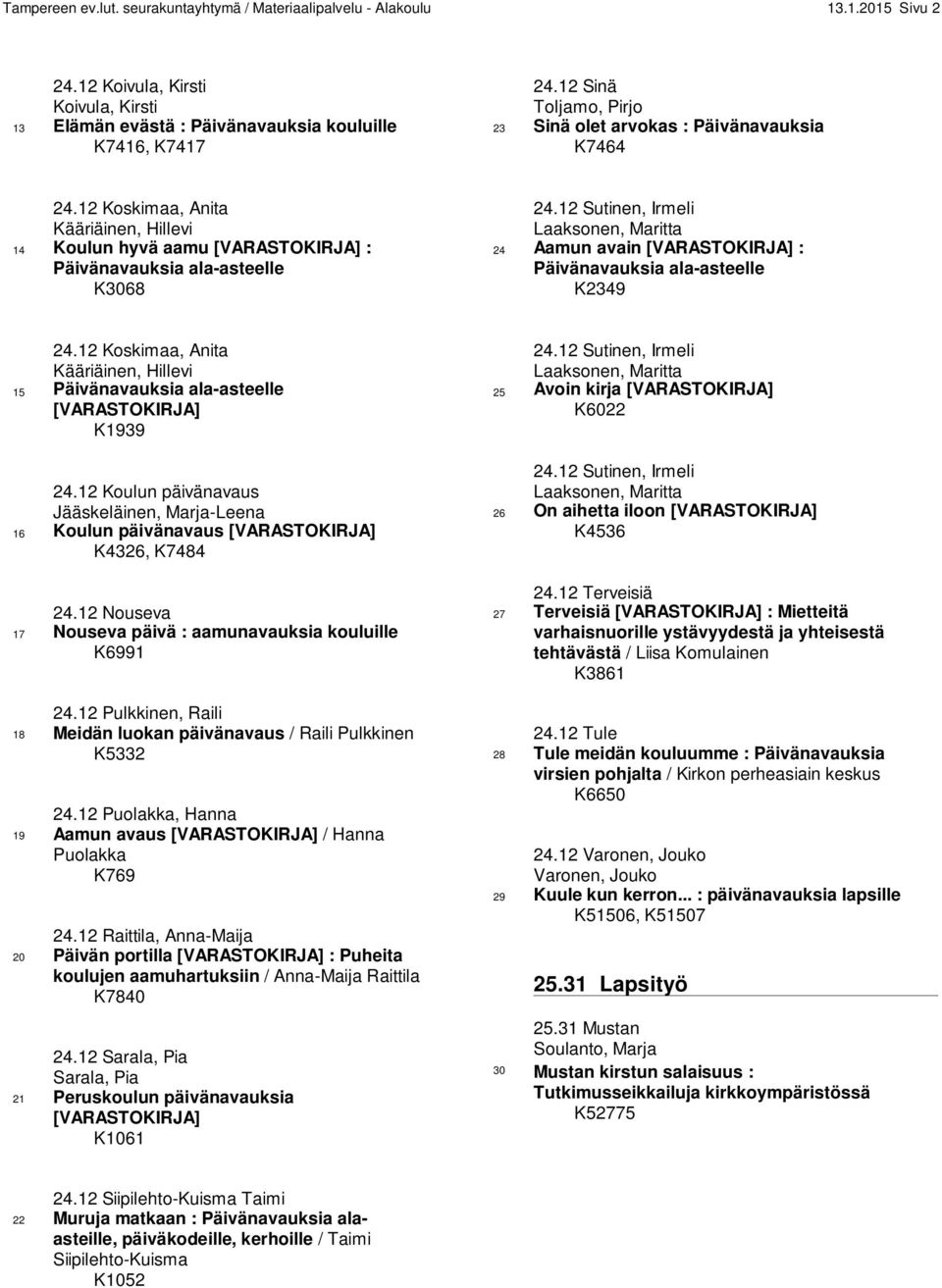 12 Sutinen, Irmeli Laaksonen, Maritta 24 Aamun avain [VARASTOKIRJA] : Päivänavauksia ala-asteelle K2349 24.12 Kääriäinen, Hillevi 15 Päivänavauksia ala-asteelle [VARASTOKIRJA] K1939 24.