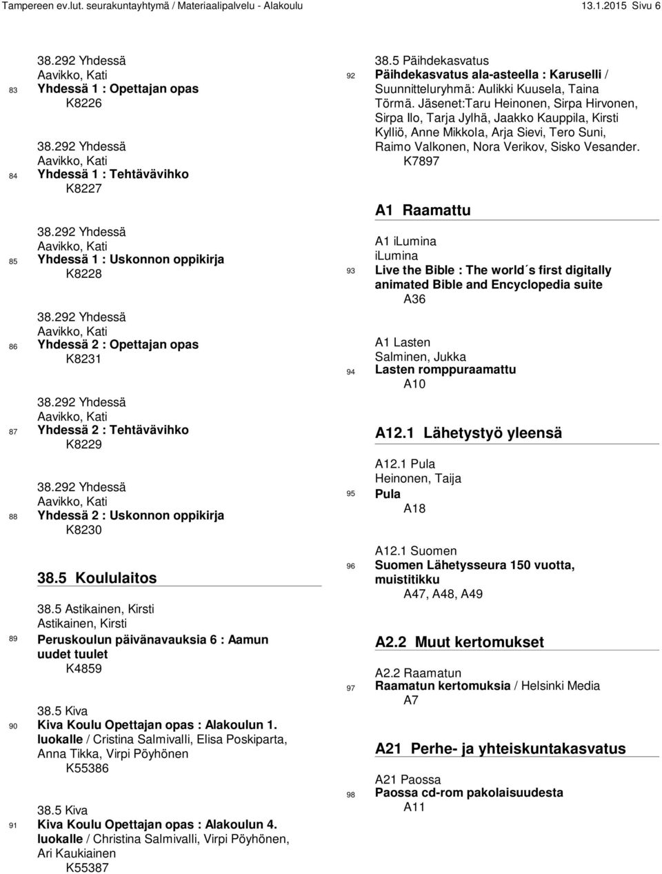 292 Yhdessä Aavikko, Kati 87 Yhdessä 2 : Tehtävävihko K8229 38.292 Yhdessä Aavikko, Kati 88 Yhdessä 2 : Uskonnon oppikirja K8230 38.5 Koululaitos 38.