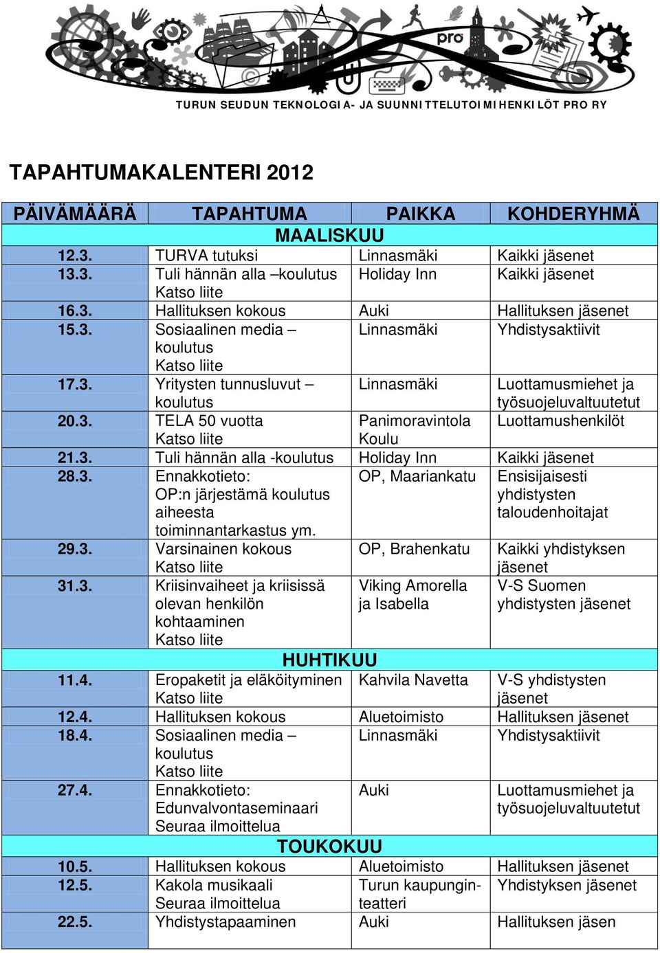 3. TELA 50 vuotta Panimoravintola Luottamushenkilöt Koulu 21.3. Tuli hännän alla -koulutus Holiday Inn Kaikki jäsenet 28.3. Ennakkotieto: OP:n järjestämä koulutus aiheesta OP, Maariankatu Ensisijaisesti yhdistysten taloudenhoitajat toiminnantarkastus ym.