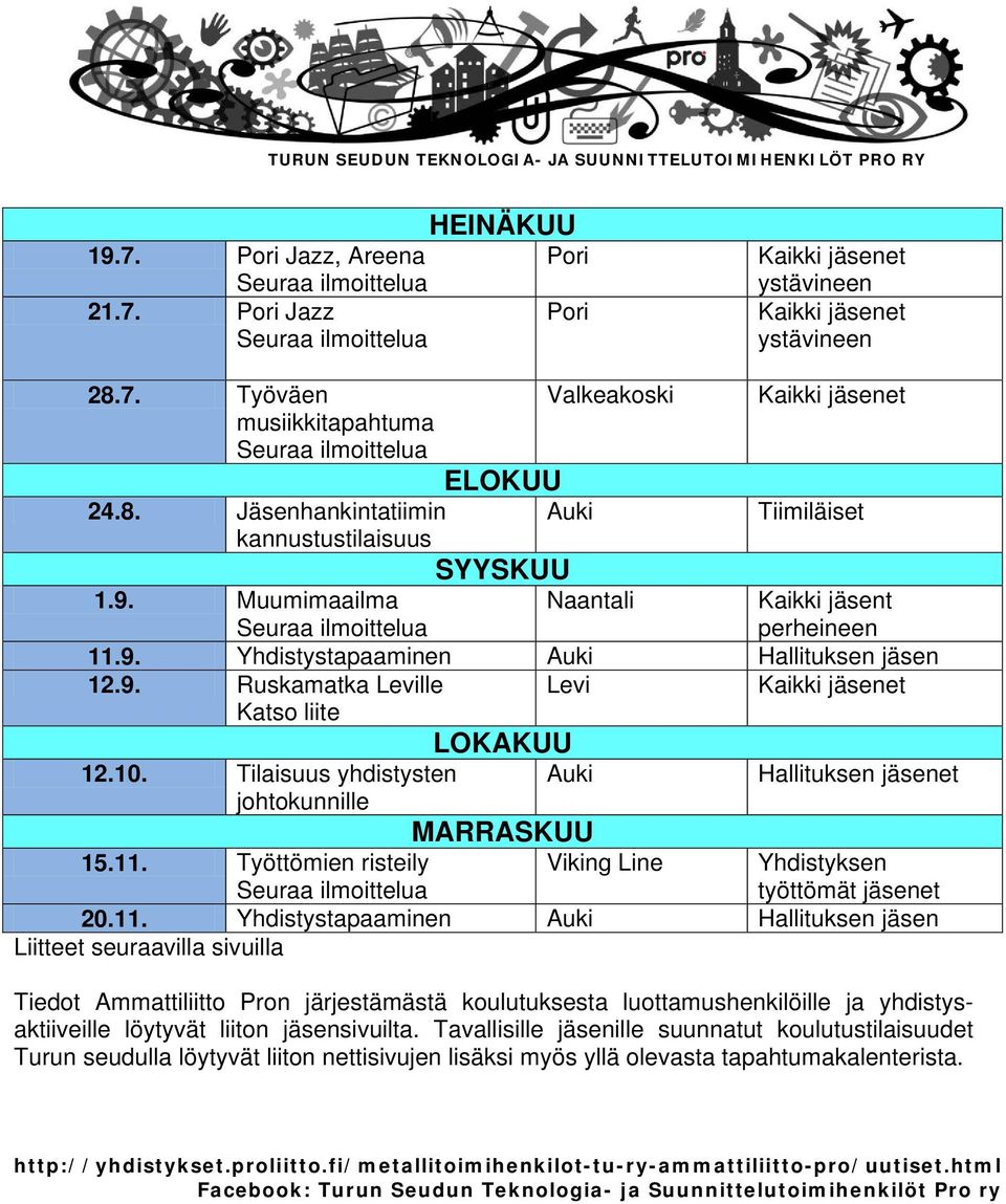 Muumimaailma Seuraa ilmoittelua Naantali Kaikki jäsent perheineen 11.9. Yhdistystapaaminen Auki Hallituksen jäsen 12.9. Ruskamatka Leville Levi Kaikki jäsenet LOKAKUU 12.10.