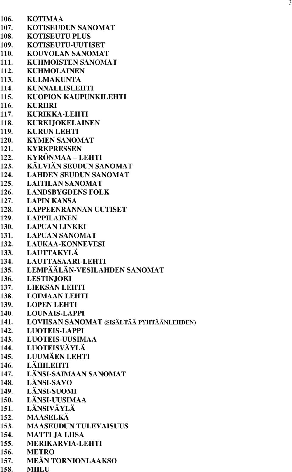 LAHDEN SEUDUN SANOMAT 125. LAITILAN SANOMAT 126. LANDSBYGDENS FOLK 127. LAPIN KANSA 128. LAPPEENRANNAN UUTISET 129. LAPPILAINEN 130. LAPUAN LINKKI 131. LAPUAN SANOMAT 132. LAUKAA-KONNEVESI 133.