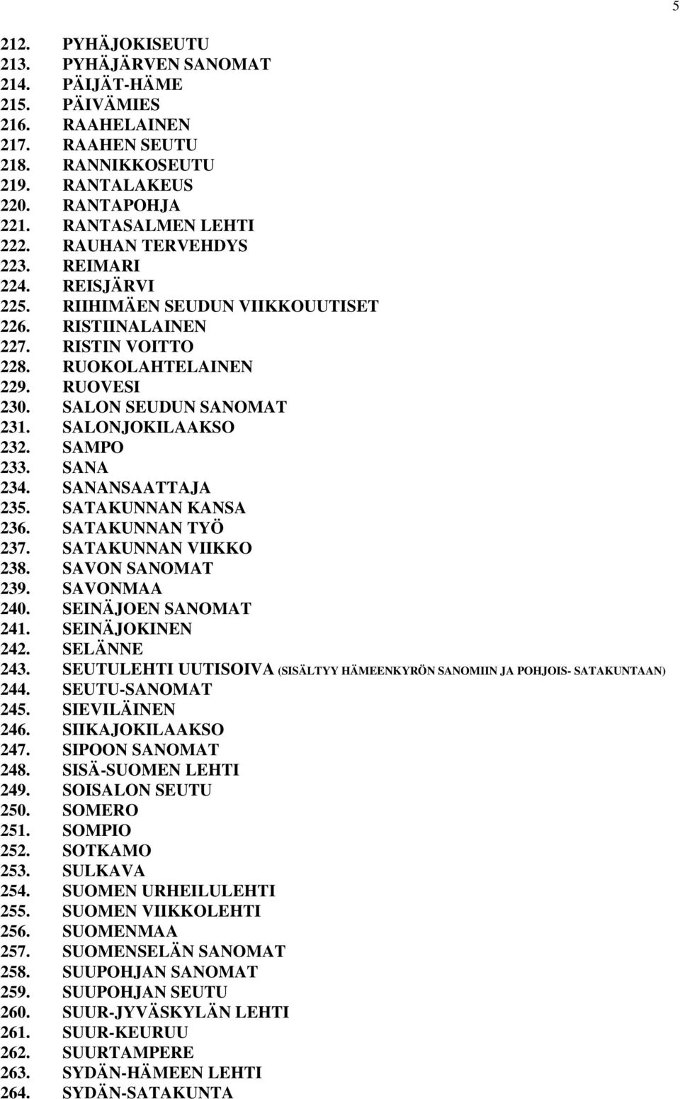 SALONJOKILAAKSO 232. SAMPO 233. SANA 234. SANANSAATTAJA 235. SATAKUNNAN KANSA 236. SATAKUNNAN TYÖ 237. SATAKUNNAN VIIKKO 238. SAVON SANOMAT 239. SAVONMAA 240. SEINÄJOEN SANOMAT 241. SEINÄJOKINEN 242.