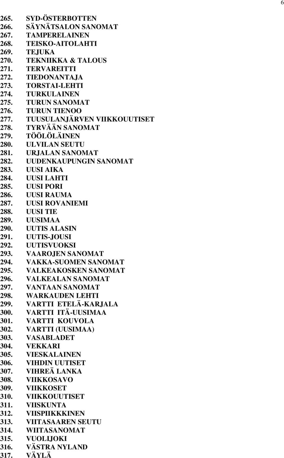 UUSI LAHTI 285. UUSI PORI 286. UUSI RAUMA 287. UUSI ROVANIEMI 288. UUSI TIE 289. UUSIMAA 290. UUTIS ALASIN 291. UUTIS-JOUSI 292. UUTISVUOKSI 293. VAAROJEN SANOMAT 294. VAKKA-SUOMEN SANOMAT 295.