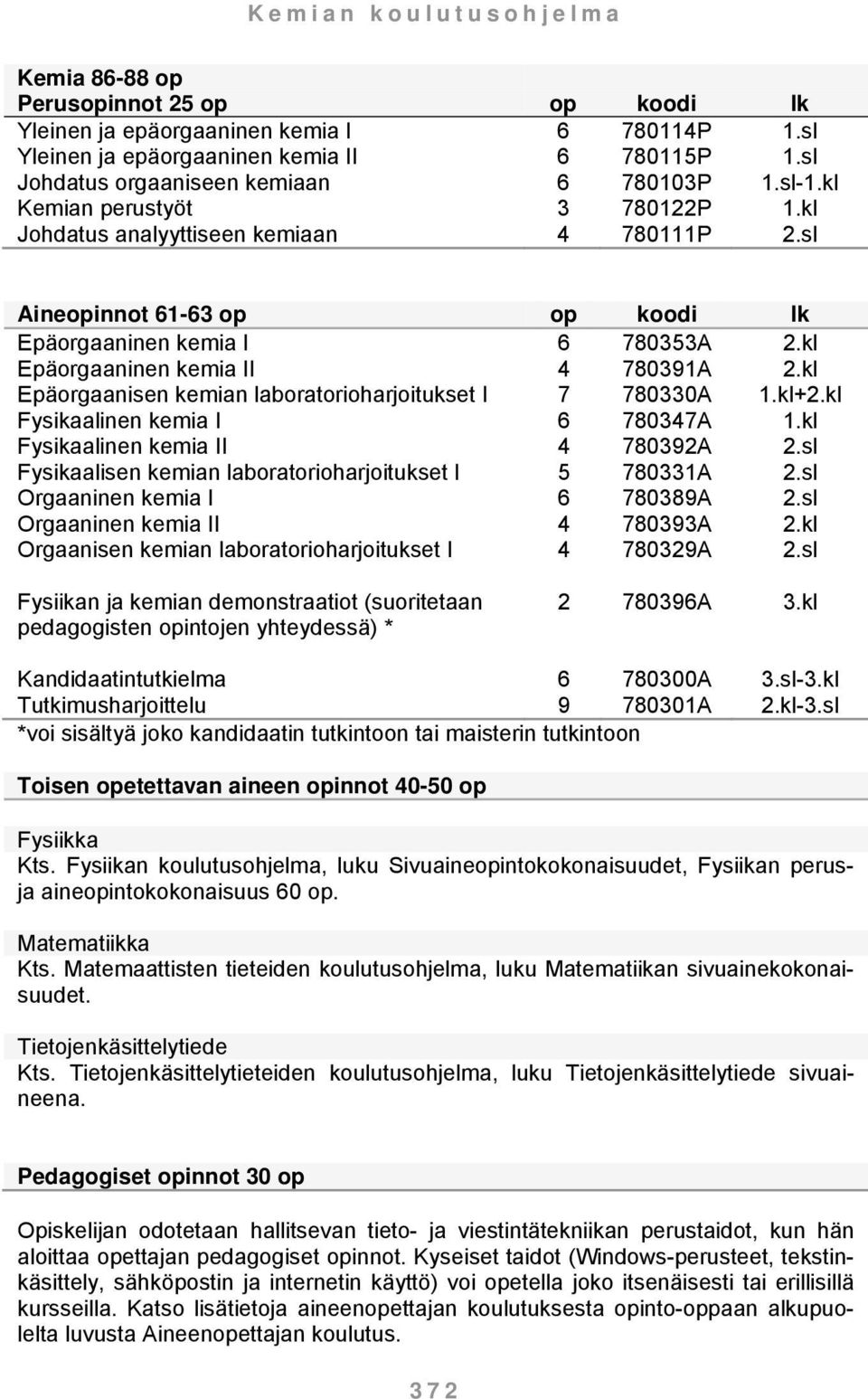 kl Epäorgaanisen kemian laboratorioharjoitukset I 7 780330A 1.kl+2.kl Fysikaalinen kemia I 6 780347A 1.kl Fysikaalinen kemia II 4 780392A 2.